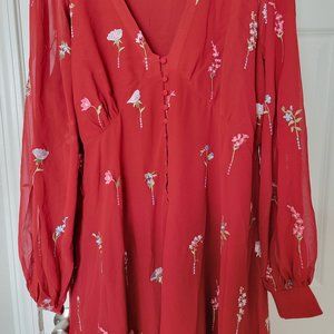 ASOS DESIGN Curve button through embroidered maxi tea dress in oxblood